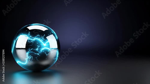 Futuristic glowing orb with electric blue energy crackling around it on a dark reflective surface