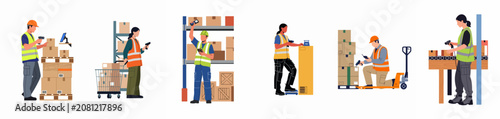 Flat vector illustrations of warehouse workers in high-visibility vests performing tasks like scanning, weighing, and organizing packages on pallets and conveyor belts.