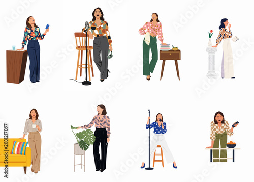Collection of modern women in diverse lifestyle scenarios like singing, hosting, and working, depicted in a vibrant flat illustration style with a happy atmosphere.