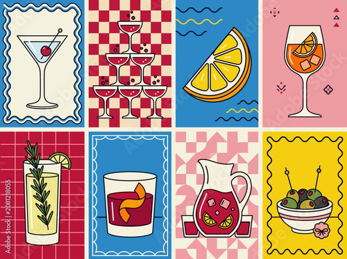 Retro Minimalist Cocktail and Bar Snack Illustration Set. Mid-century modern style featuring martini, champagne tower, spritz, sangria, and olives for menu design.