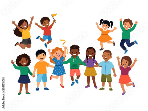 Diverse Group of Happy Children Jumping and Holding Hands Vector Illustration