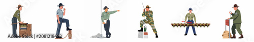 Photos Set of illustrations depicting military drill sergeants in different uniforms and active training poses, including shouting orders and using tactical equipment