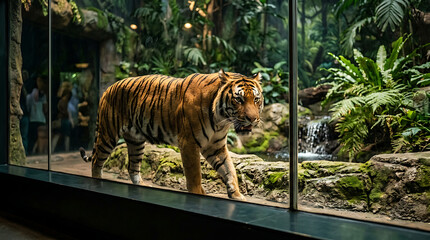 Majestic tiger pacing behind glass in a zoo enclosure with lush jungle backdrop and waterfall