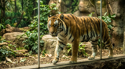 Majestic Tiger Pacing Behind Protective Glass in Naturalistic Zoo Enclosure