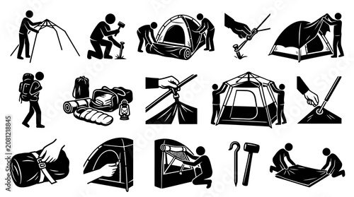 Black and White Icons of Camping and Outdoor Activities with Tents