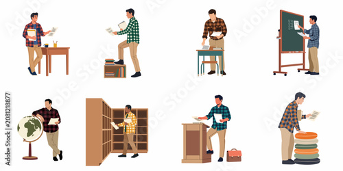 Collection of male teacher characters in various classroom scenarios, including teaching at a blackboard, standing by a globe, and organizing books in a library.