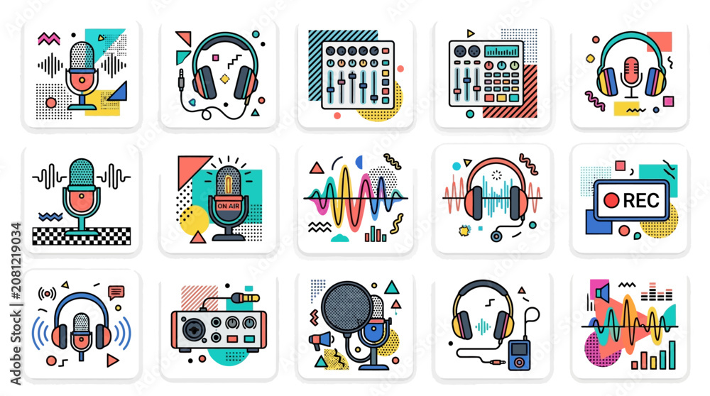 Fototapeta premium Set of flat vector icons featuring audio recording equipment and sound production tools.