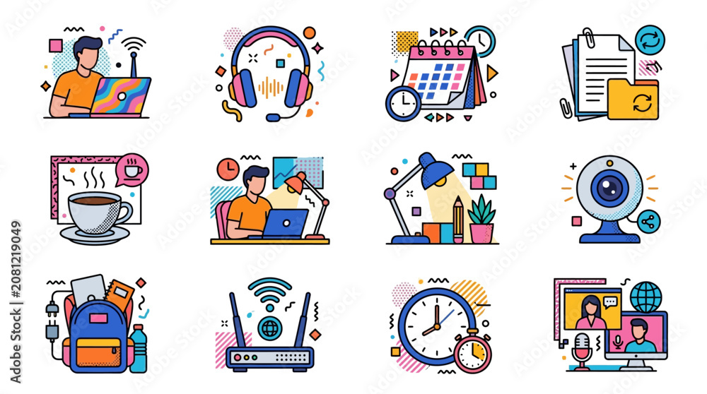 Fototapeta premium Set of colorful flat line icons representing remote work and home office activities.