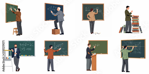 Collection of male and female professors and teachers illustrating mathematics, physics, and geometry on chalkboards in diverse classroom scenarios.