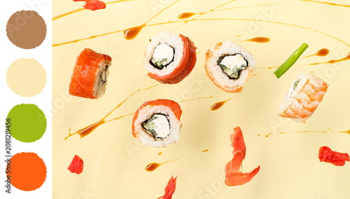 Flying sushi rolls with soy...