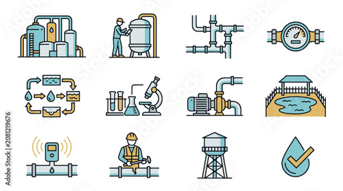 Set of icons representing water treatment and distribution systems, including industrial plants, pumps, pipes, and quality control.