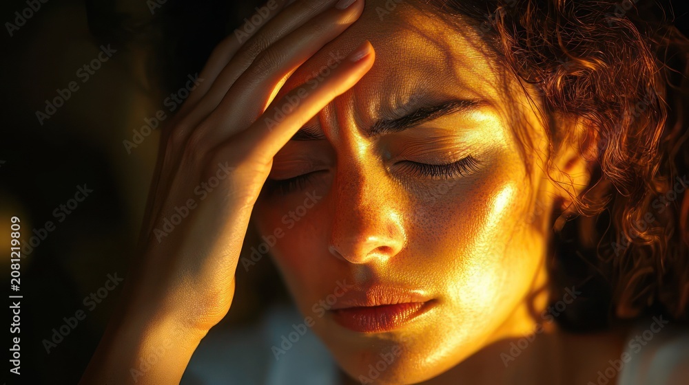 Fototapeta premium Close-up of a person with hand on temple, warm orange light on curly hair and skin, moody intimate contemplative atmosphere with a central square obscuring the face