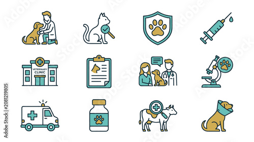 Veterinary clinic icons set for animal care, medical treatment, and pet health services.