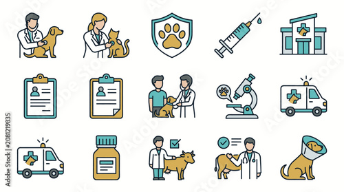Veterinary icons set representing animal care, medical treatment, and clinic services.