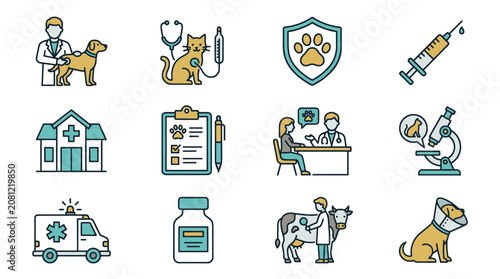 Veterinary Icons Set: Dog, Cat, Cow, Ambulance, Clinic, Syringe, Microscope, and More.