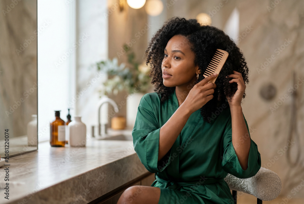Fototapeta premium Young woman combing curly hair in front of bathroom mirror wearing green robe