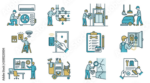 Set of icons representing maintenance and repair services for various systems and equipment.