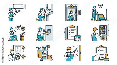 Set of icons representing maintenance and repair services, including HVAC, plumbing, electrical, and cleaning.