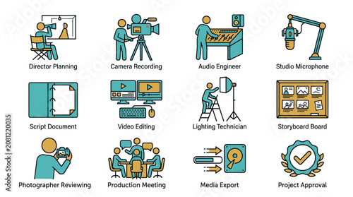Set of icons representing various aspects of film production and media creation, including directing, recording, editing, and approval.