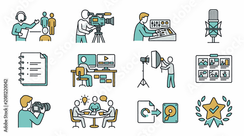 Set of icons representing media production, broadcasting, and content creation processes.