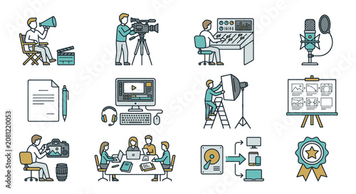 Collection of flat design icons representing the filmmaking and video production process, from concept to final product.