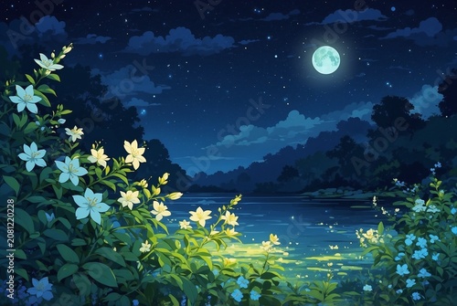 Soft sapphire colors of moonlit night time wild jasmine with a flat illustration in a clip art style
