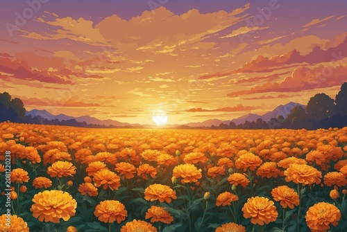 Soft amber colors of harvest sunset time wild marigolds with a flat illustration in a clip art style