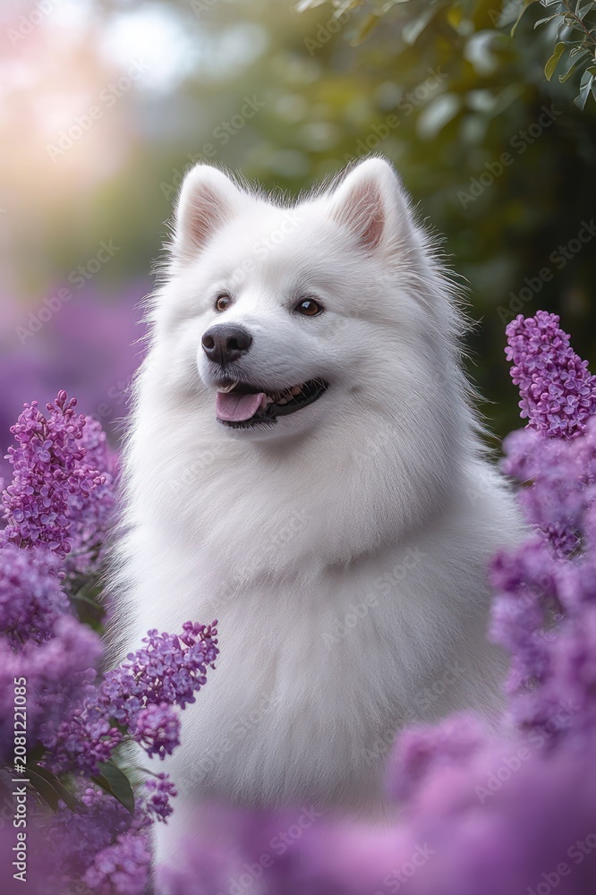 Fototapeta premium joyful white fluffy dog surrounded by purple lilac blossoms in a sunlit garden