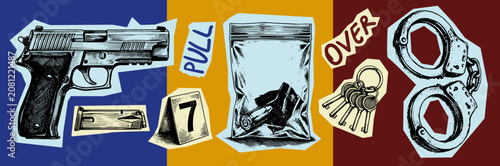 Quadro su tela Crime investigation evidence collection featuring handgun ammo plastic bag evide