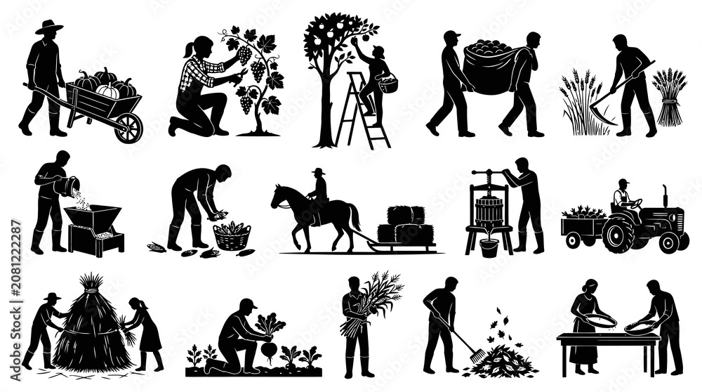 Fototapeta premium Agriculture and Farming Harvest Silhouettes: Farmers Working Vector Glyph Icons Collection