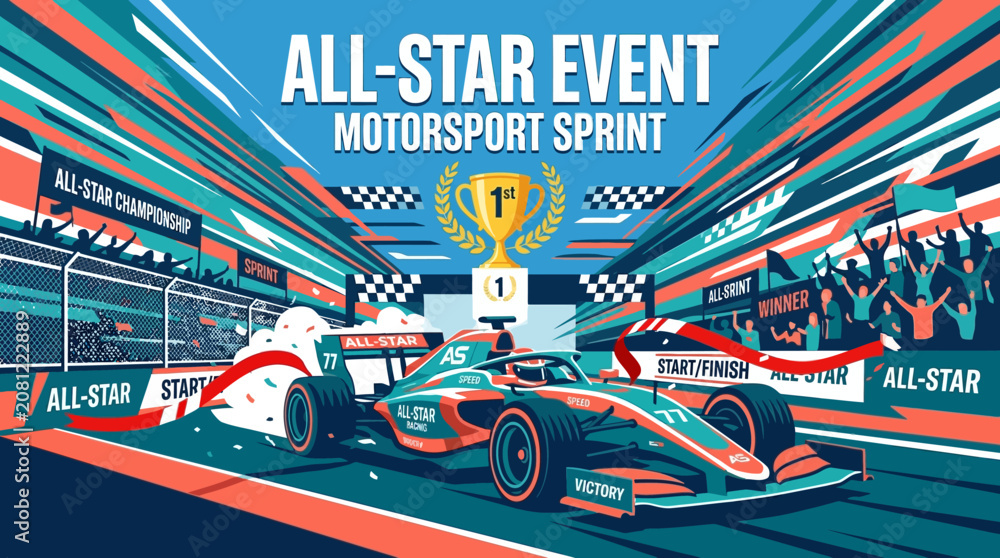 Obraz premium All Star Event Motorsport Sprint Victory Lap Illustration With Racing Cars