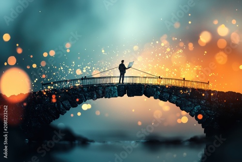 Professional project manager working on a surreal bridge connecting two dimensions in a magical atmosphere