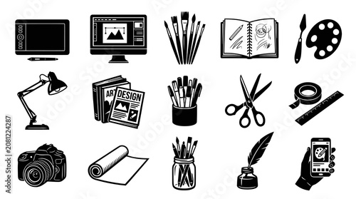 Black and White Line Art Icons of Creative Tools for Artists and Designers