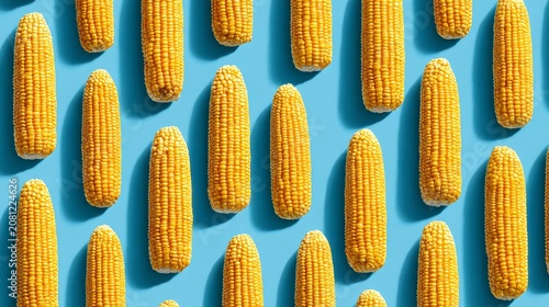 61.Minimal pattern design showing rows of fake corn on blue background, unnatural shine and texture, modern food culture and sustainability concept