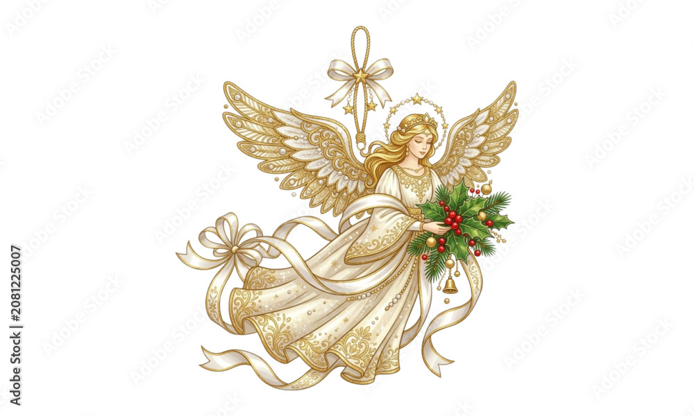 Obraz premium Floating Christmas Angel Illustration with Festive Holly and Bell