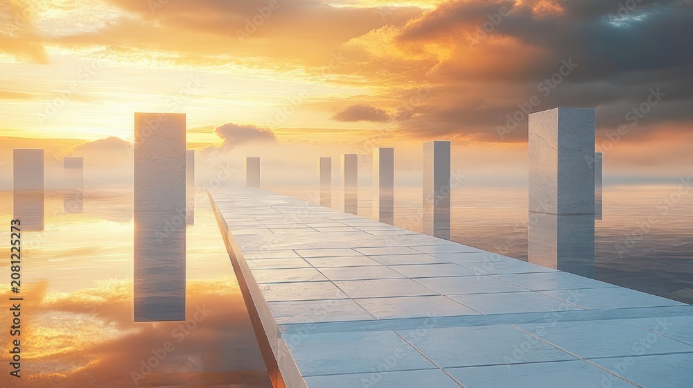 Obraz premium tiled walkway over mirror-like water flanked by tall rectangular pillars, misty horizon and golden sunrise clouds, serene dreamlike atmosphere
