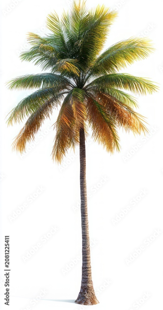 Fototapeta premium tall solitary palm tree with green and golden brown fronds and a slender textured trunk against a bright white background, evoking calm tropical serenity