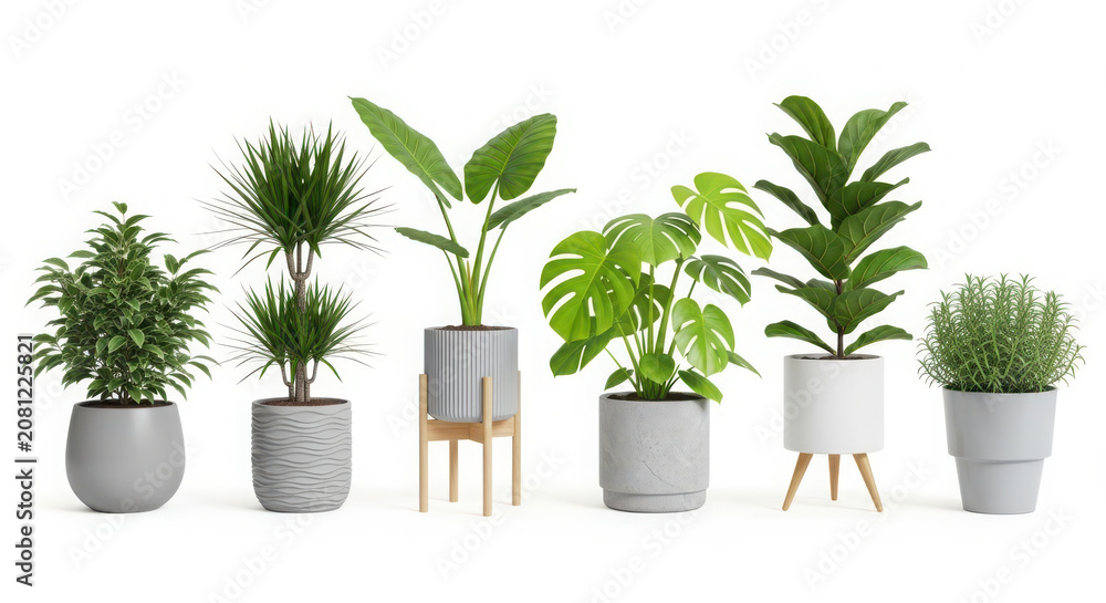 Fototapeta premium Six different plants in modern pots on a white background for decoration