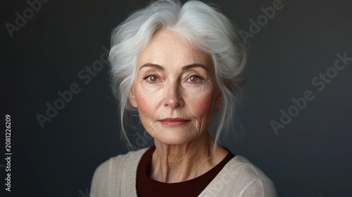 serene older woman with white hair and soft beige sweater, contemplative head-and-shoulders portrait with obscured face against a dark gray background