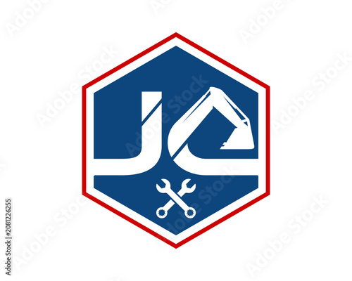 Initial letter JC construction or heavy equipment logo design with excavator and crossed wrench