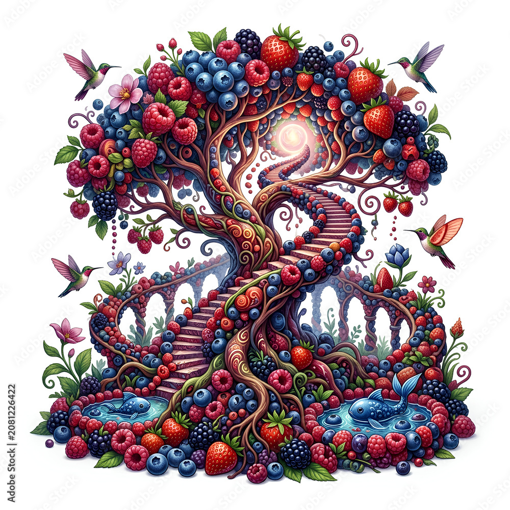 Obraz premium Vibrant Fantasy Tree with Fruits and Creatures.