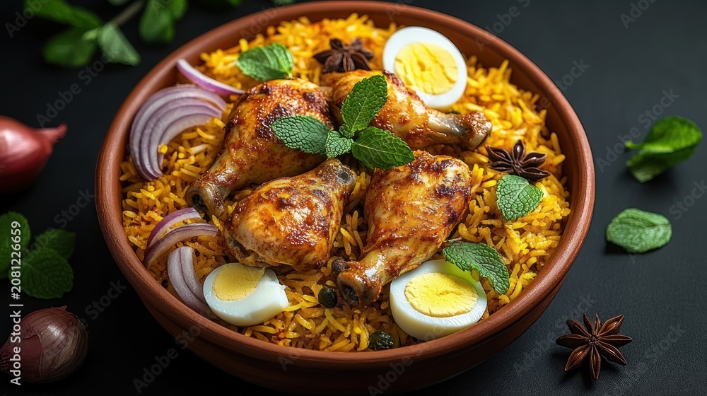 Fototapeta premium roasted chicken drumsticks on saffron yellow spiced rice with halved boiled eggs, red onion slices, star anise and fresh mint in a rustic bowl, warm and appetizing