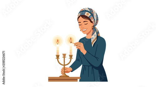 Jewish woman lighting Shabbat candles in a menorah with a smile