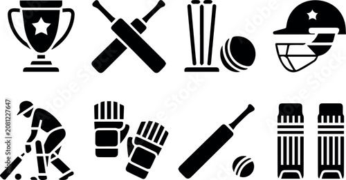 Cricket Equipment and Protective Gear Icon Bundle
