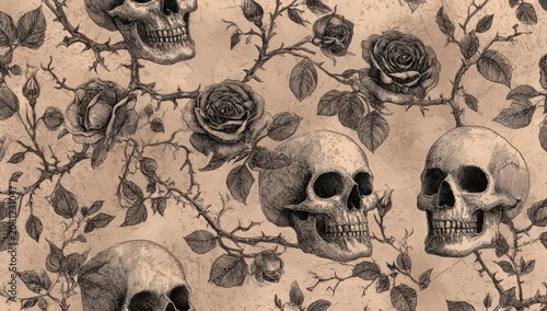 Dark gothic seamless pattern featuring skull and rose on aged parchment texture