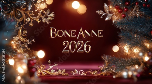 luxurious festive scene with gold ornate decorations, evergreen pine branches, red baubles and berries, warm bokeh lights and gold lettering reading 'bone anne 2025', elegant celebratory mood