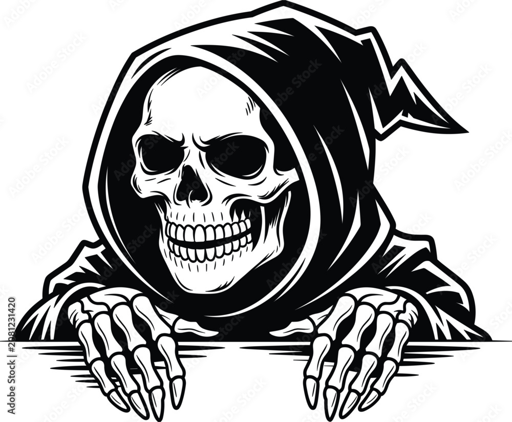 Fototapeta premium Grim Reaper with Skeleton Hands Peeking Over Blank Space for Text During Halloween