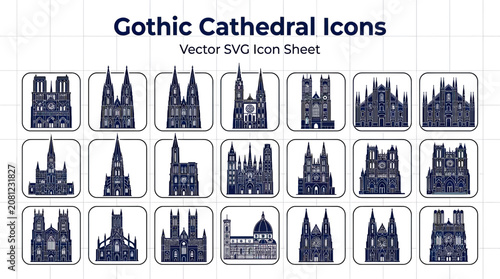 Schilderij op canvas Gothic Cathedral Icons Set, Vector SVG Collection of Famous European Architectur