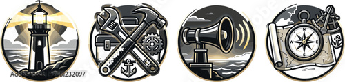 фотографія Vintage Maritime and Industrial Round Icon Set with Lighthouse Construction Tool