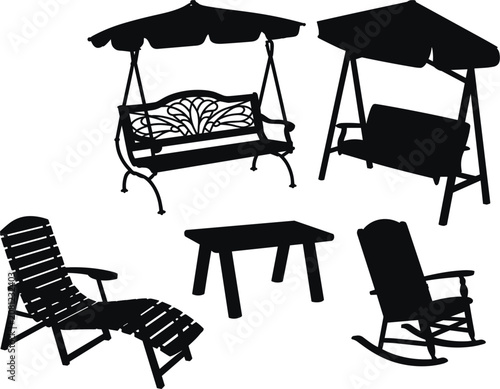 Fotografie Silhouette set of garden furniture including swings bench and chaise lounge for